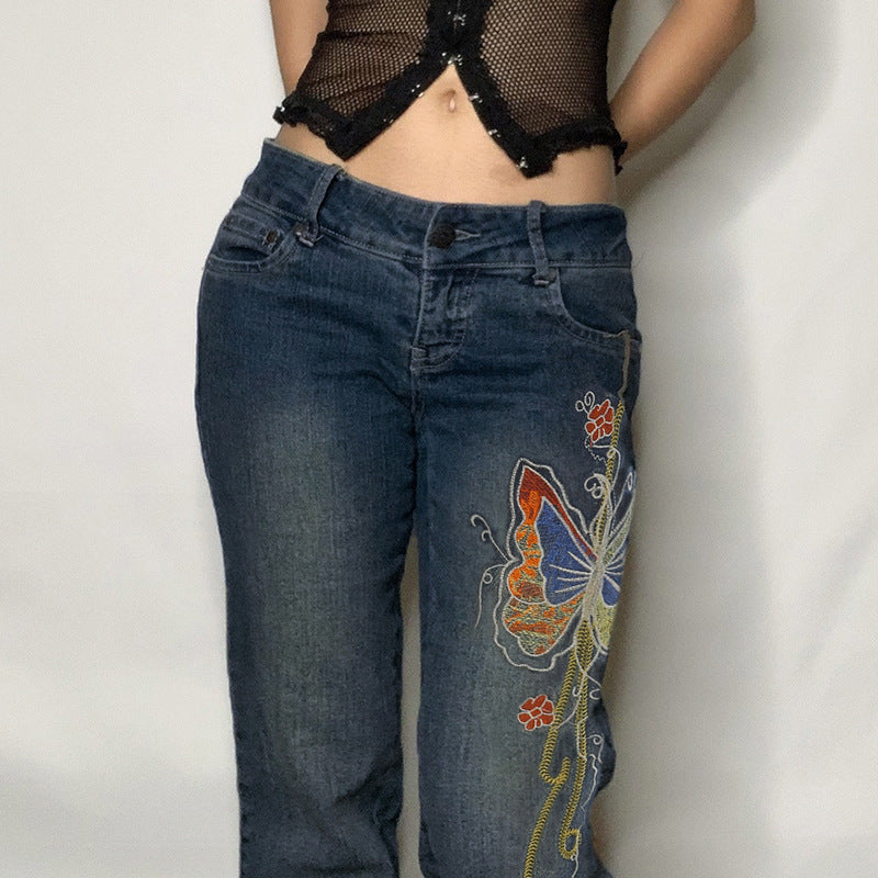 Jean rétro vieilli brodé de papillons, taille basse, pantalon droit pour le nettoyage du sol