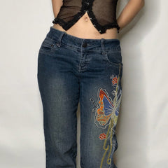 Jean rétro vieilli brodé de papillons, taille basse, pantalon droit pour le nettoyage du sol