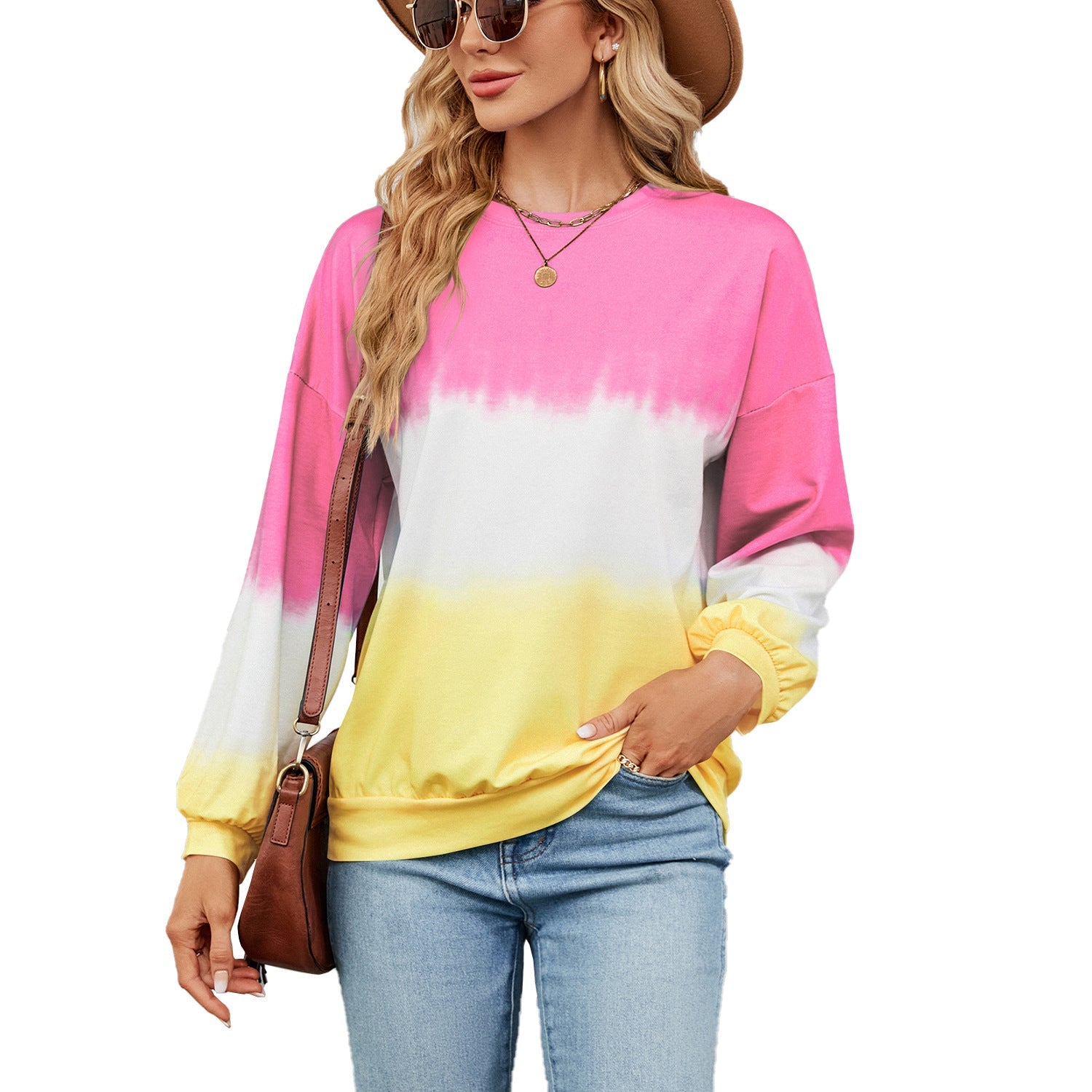 Tie-Dye Contrast Color round Neck Long Sleeve Loose Sweatshirt