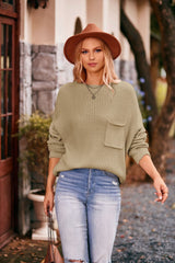 Batwing Sleeve Small Turtleneck Sweater Solid Color Pocket Pullover Sweater