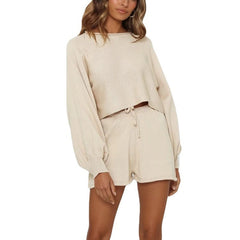 Pullover-Shorts mit Laternenärmeln und einfarbigem Homewear-Anzug