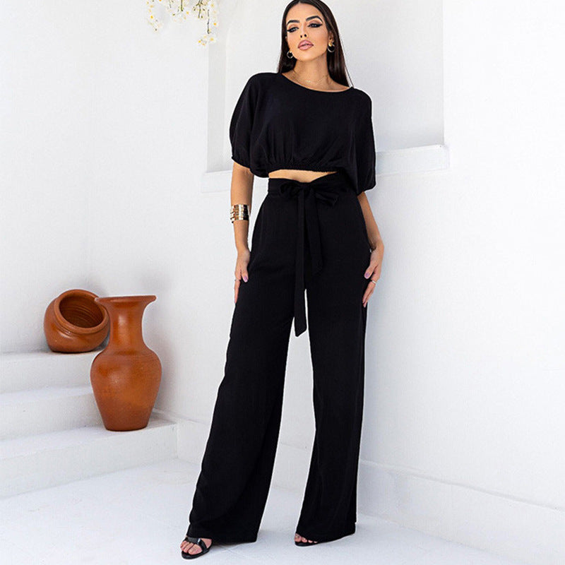 Casual Set round Neck Short Sleeve Top Drawstring High Waist Trousers Two Piece Set