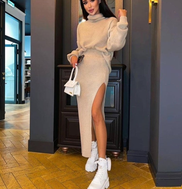 Turtleneck Loose Pullover Top Split Long Skirt Two-Piece Set Winter