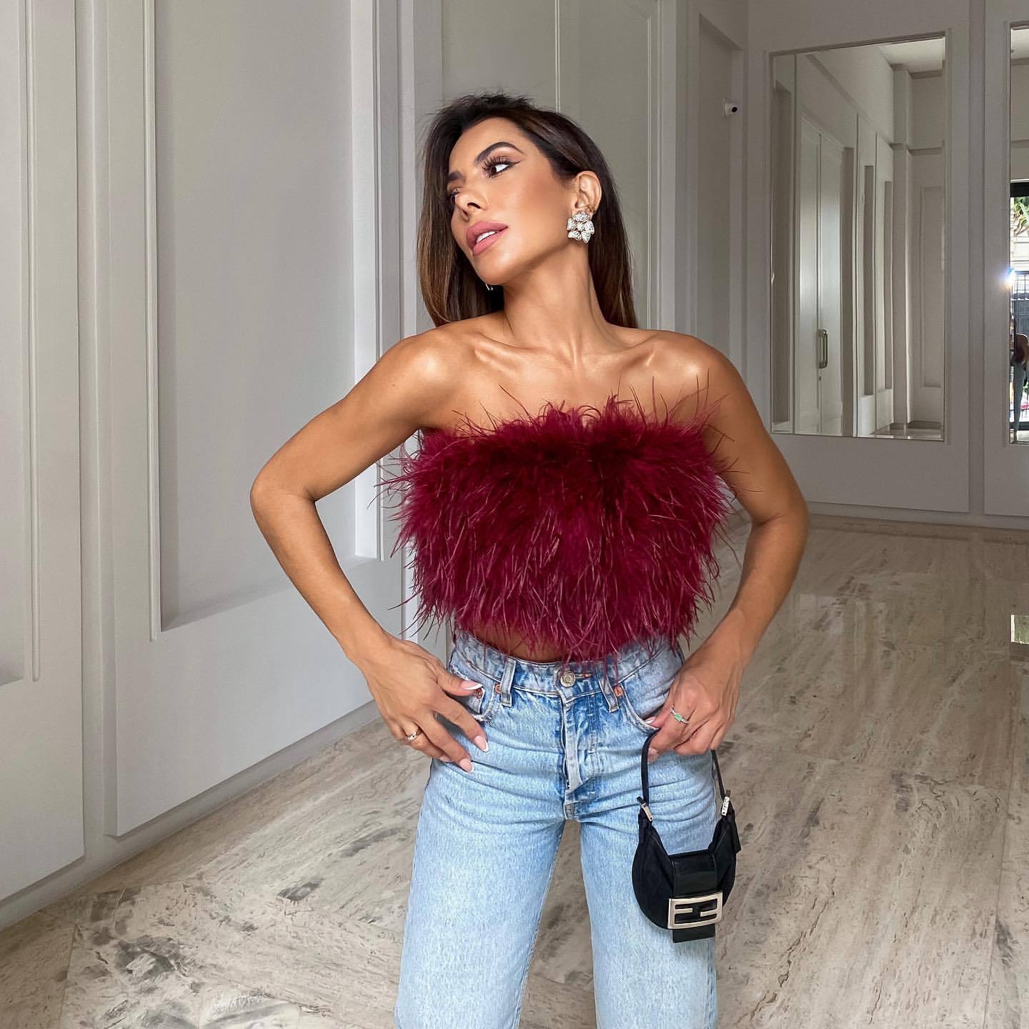 Feather Fur Tube Top Party Top Crop Top Tank Camis