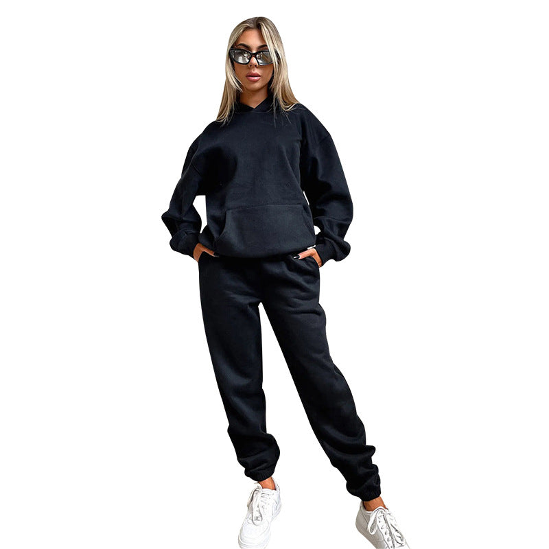 Solid Color Long Sleeve Hooded Fleece Lined Sweater Casual Trousers sets