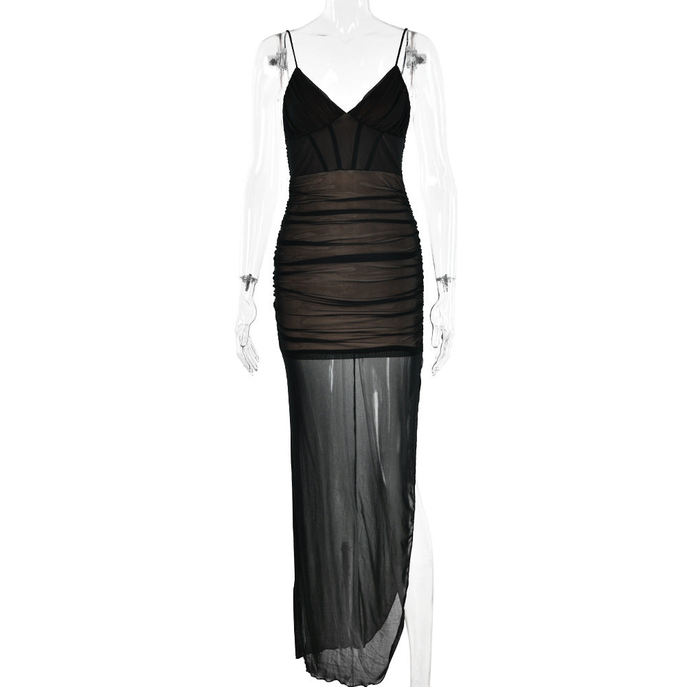 V neck Strap Dress See through Gauze Stitching High Slit Maxi Dress
