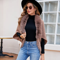 Wool Rain Fur Collar Knitted Tassel Cape Coat Outdoor Shawl
