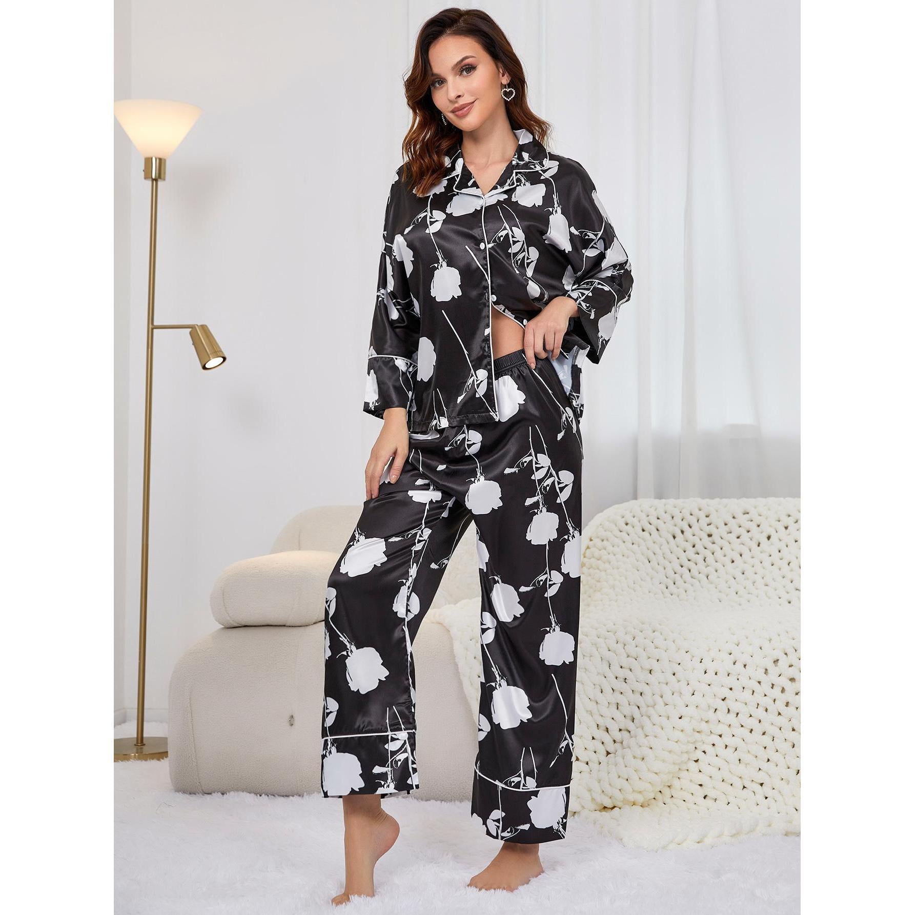 Artificial Silk Plant Printed Long Sleeved Trousers Home Wear Suit