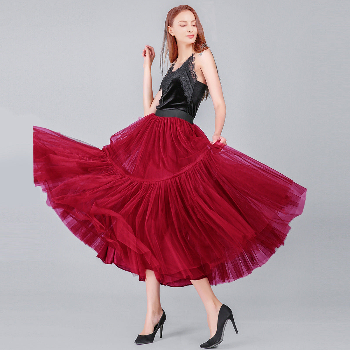 Langes bodenlanges Kleid Übergroßer Swing-Netzrock Patchwork-Maxikleid A-Linie Pettiskirt mit hoher Taille