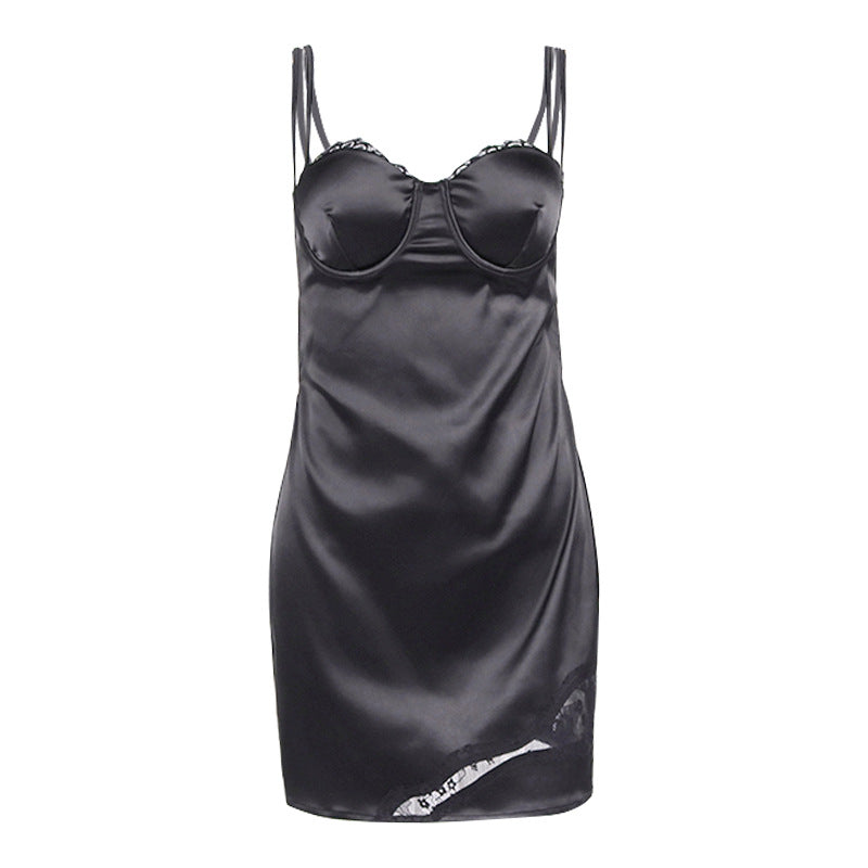 Satin Lace See-through Square Collar Backless Sheath Cami Dress