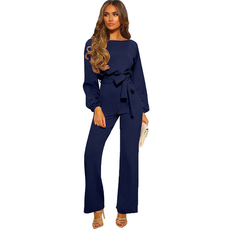 Solid Color Jumpsuit Pullover Long Sleeve Waist Wide Leg Pants