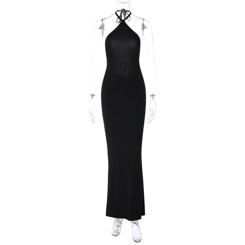 Backless Solid Color Halter Adult Lady like Woman Maxi Dress