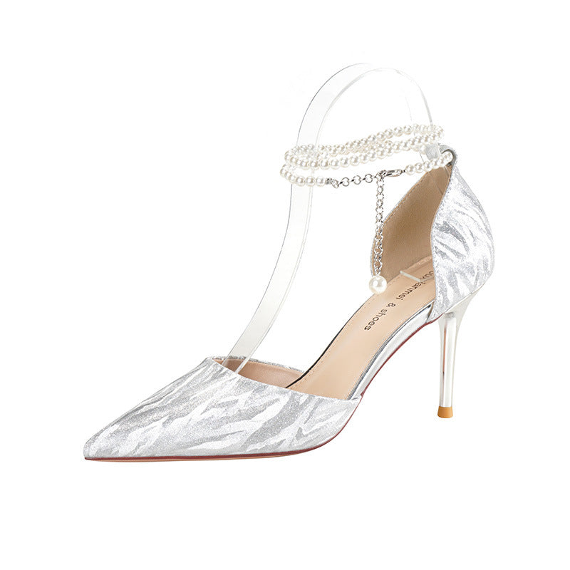 Women's Pearl Shiny Strap Hollow Stiletto