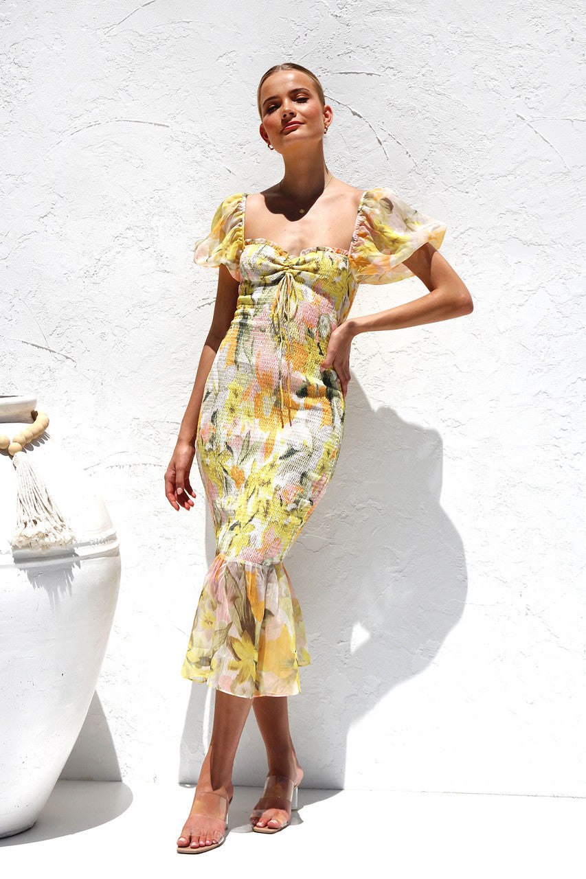 Elegant Printed Puff Sleeve Backless Fishtail Dress