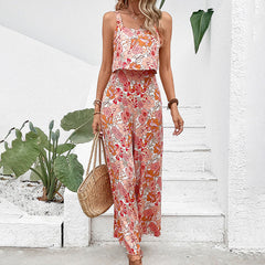 Beach Printed Square Collar Sling Vest Pants Vacation Jumpsuit