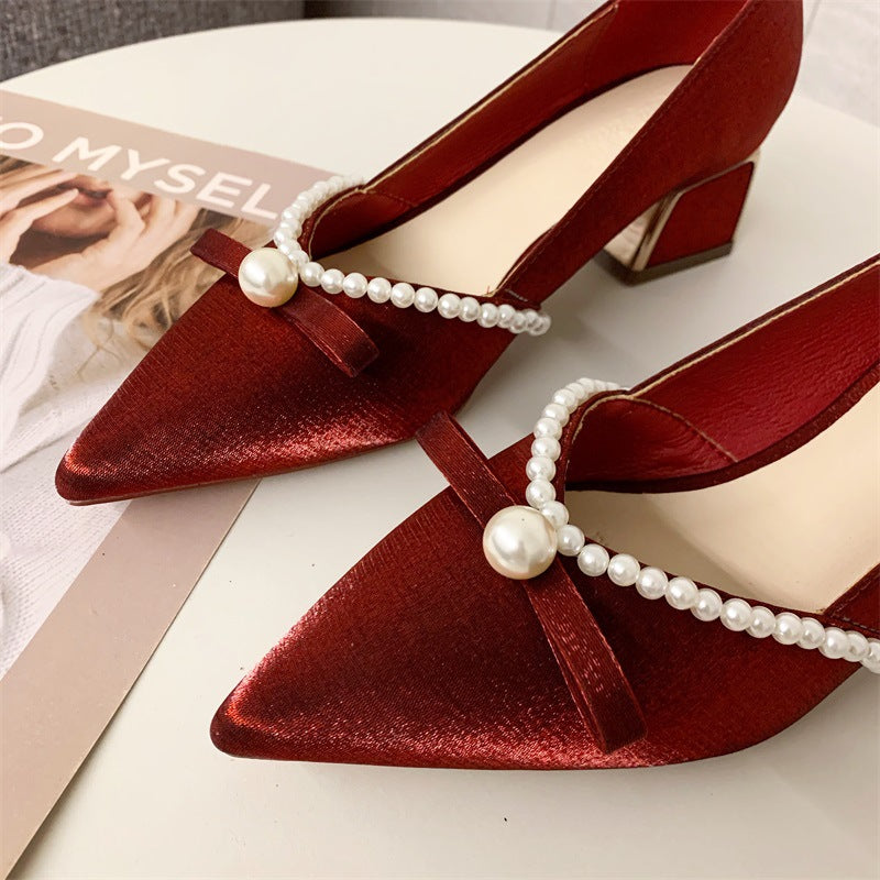 Pearl Bow Pumps Mid Chunky Pointed High