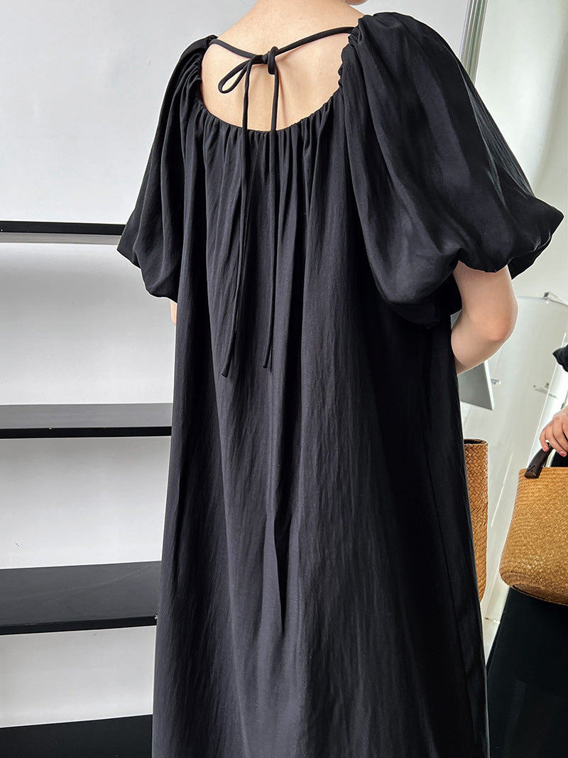 Wear Both Tencel Puff Sleeve Dress Korean Thin Lace up Waist Tight Square Collar Fairy Dress