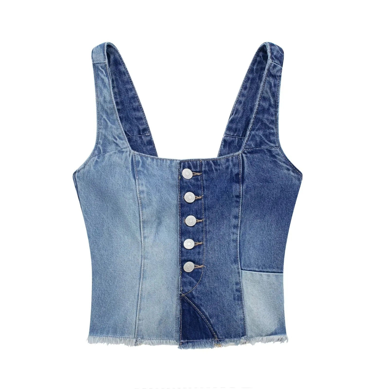 Jean droit taille haute en denim patchwork