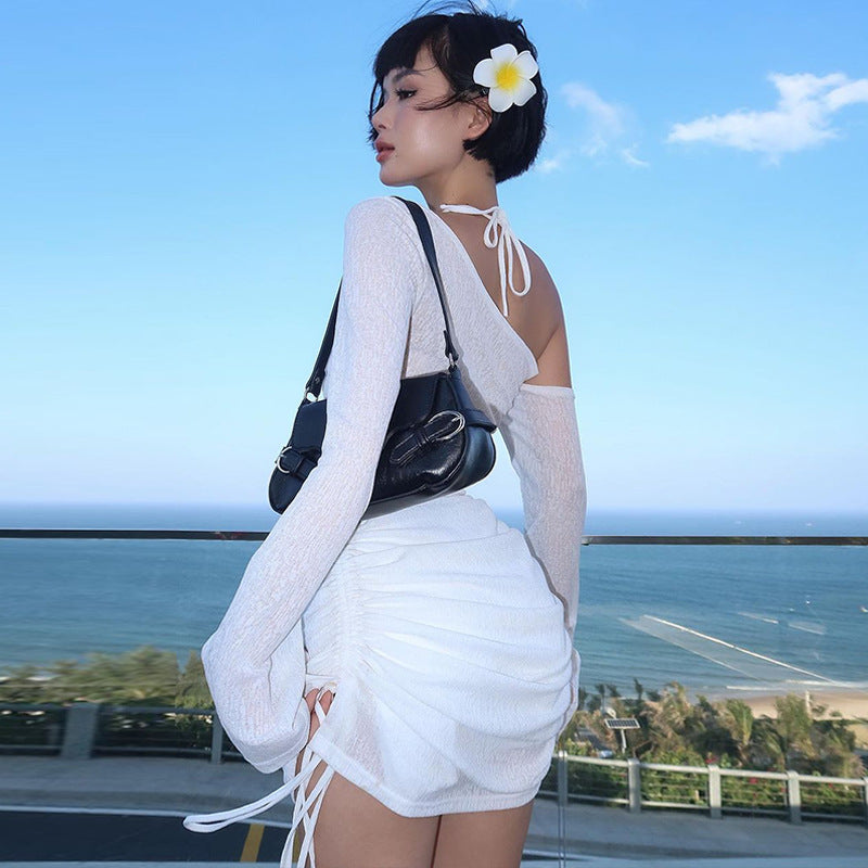 Pure Shoulder Long Sleeve See through Pleating Dress