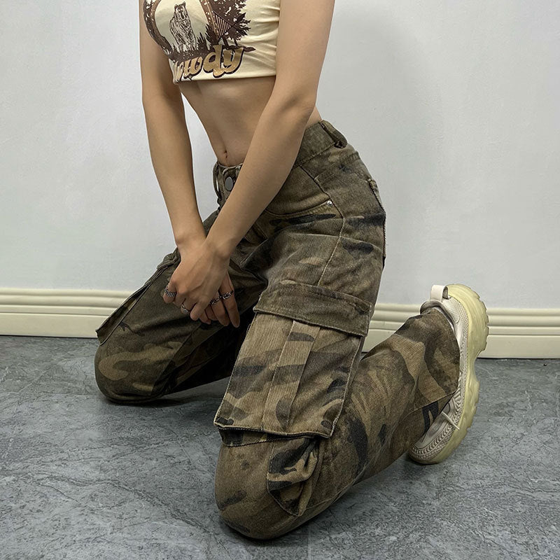 High Street Camouflage Workwear Personality Pocket Jeans Street Hipster Straight Leg Pants Trousers