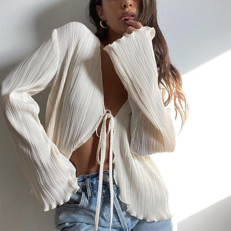 Cardigan Lace-up Slim Flared Long Sleeve Pleated Shirt French textured