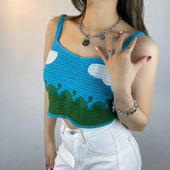 Fresh Blue Cloud Knitted Vest Camisole Exposed All Matching Short