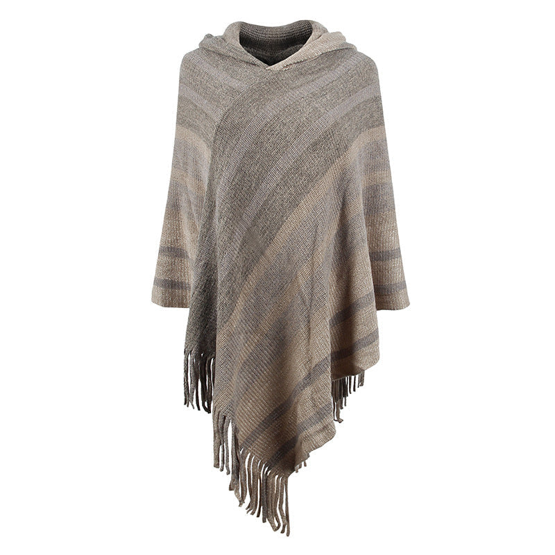 Knitted Tassel Shawl Cape Striped Hooded Scarf