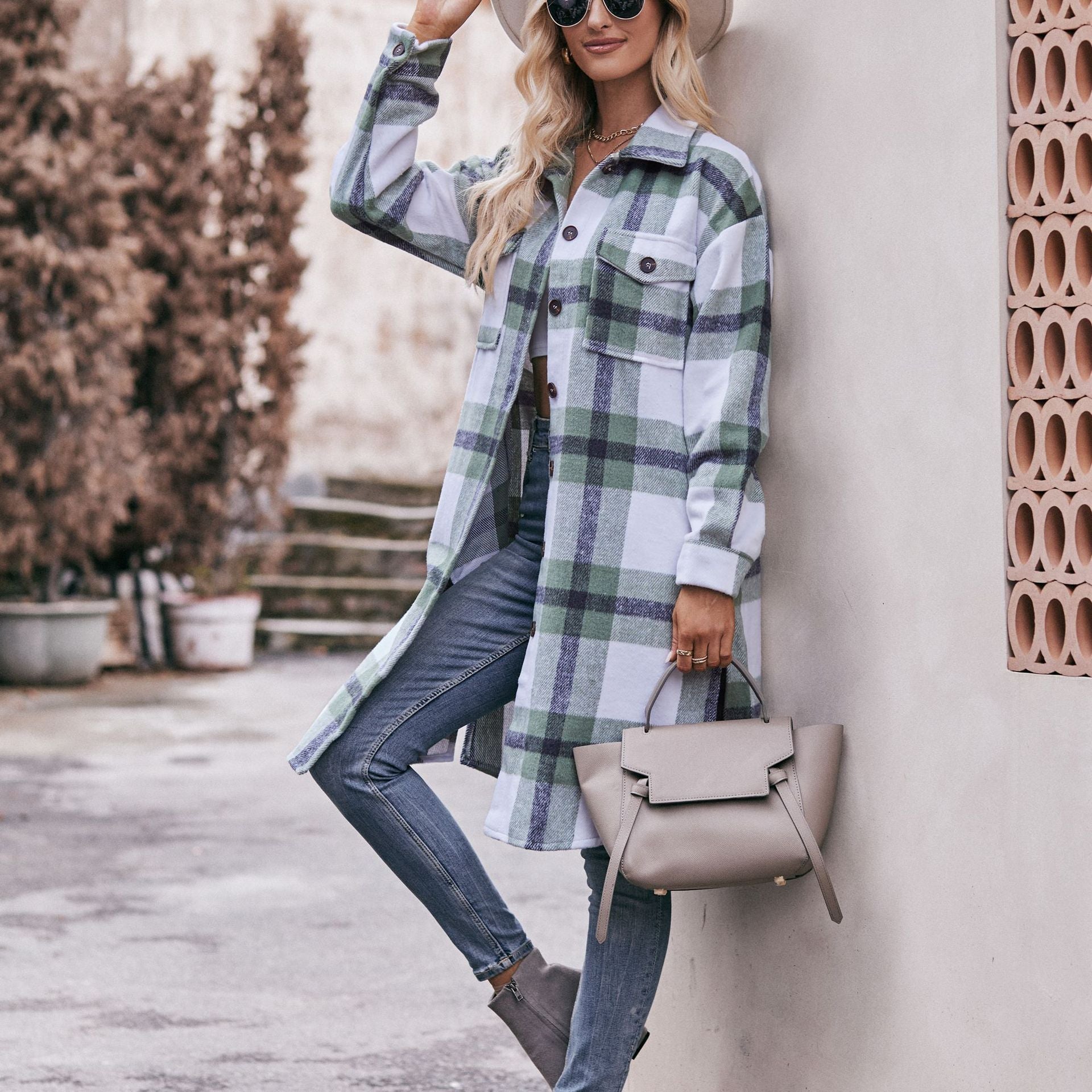 Casual Flannel Plaid Shirt Long Coat