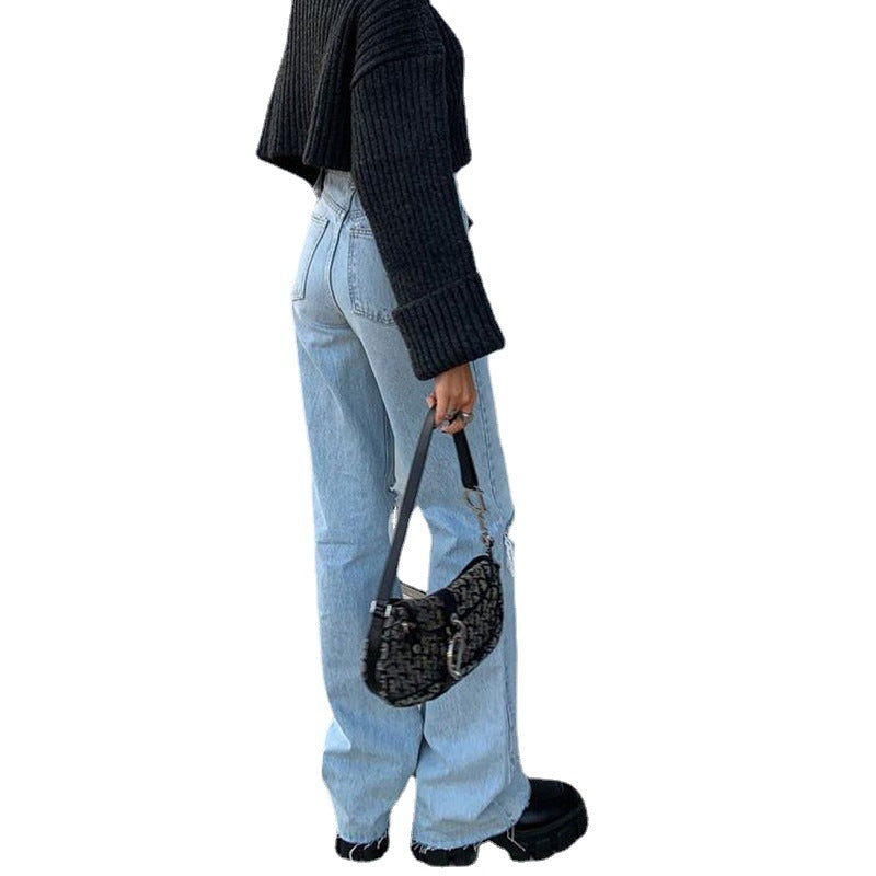 Pantalon large en denim, jean bootcut déchiré