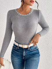 Simple Solid Color Round Neck Pearl Pullover Knitted Sweater