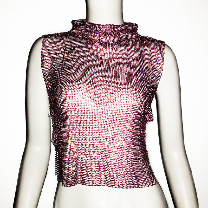 Women's Full Diamond Vest Luxury Turtleneck Rhinestone Top Nightclub Vest