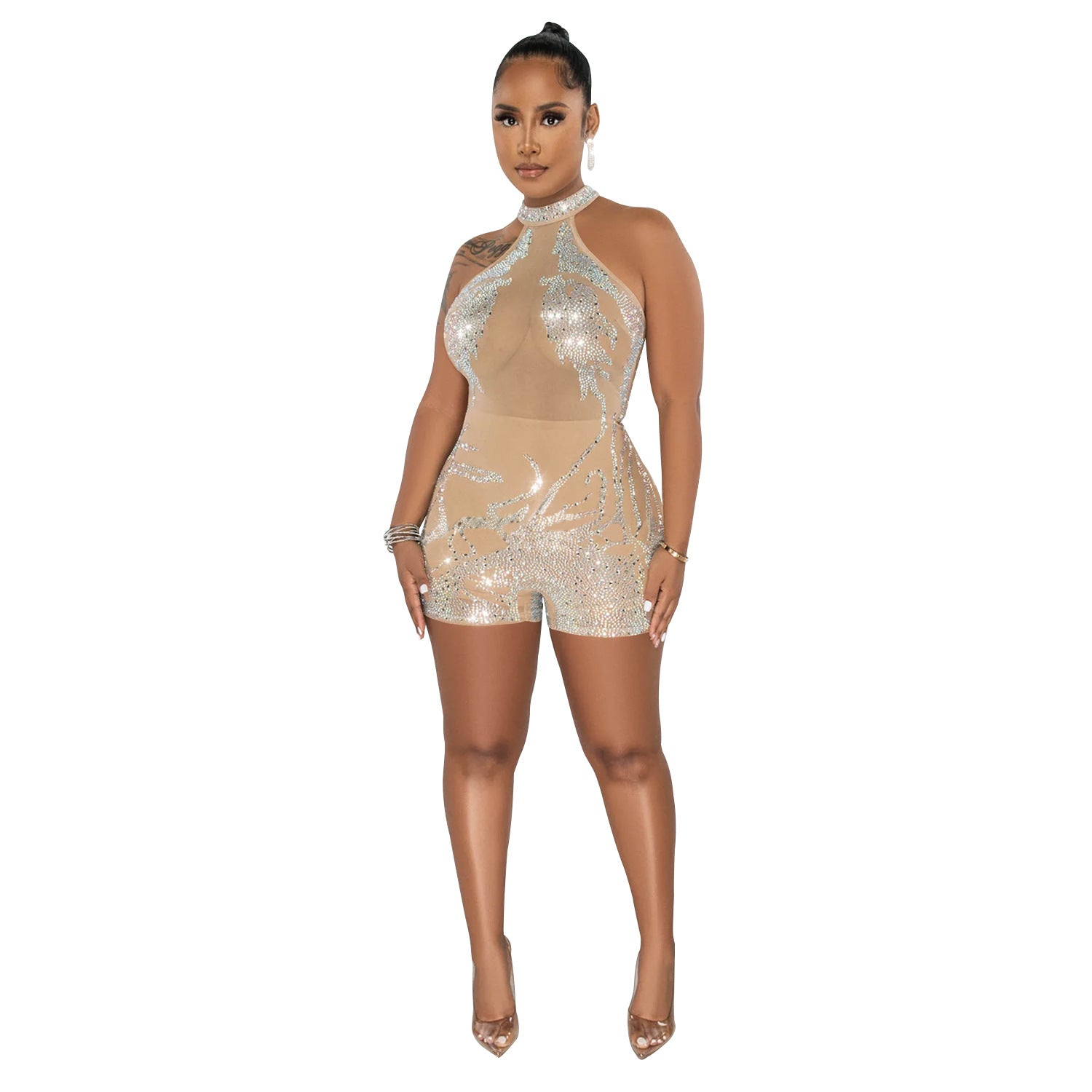 Combinaison short sans manches en maille transparente avec strass