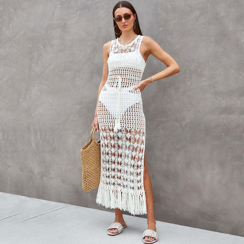 Knitted Beach Cover Up Cutout Tassel Backless Knitted Dress Casual Beach Cover Up