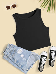 Sleeveless Vest Multi Color Slim Fit Round Neck Black Short Top Vest