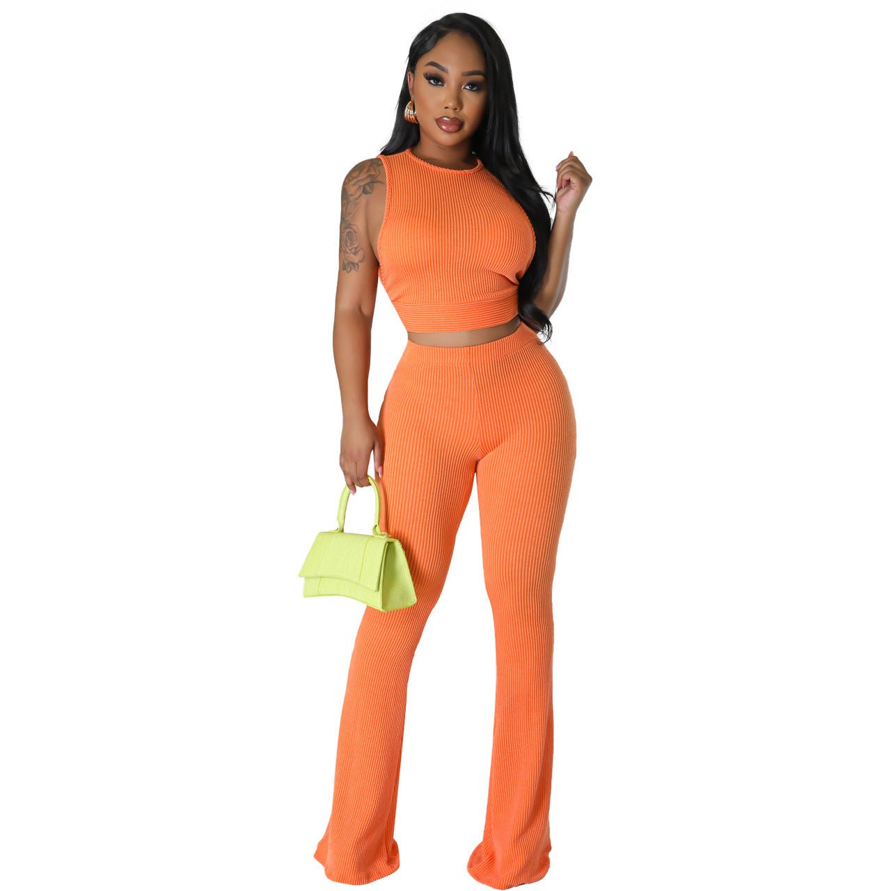 Casual Set Solid Color Rib Fabric Sleeveless Bootcut Trousers Two Piece Set