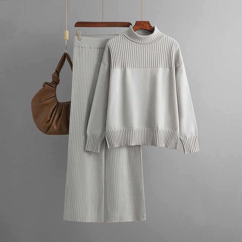 Knitted Pullover Solid Color High Collar Loose Casual Sweater Two Piece Set