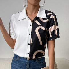 Shirt Office Contrast Color Short Sleeve Top