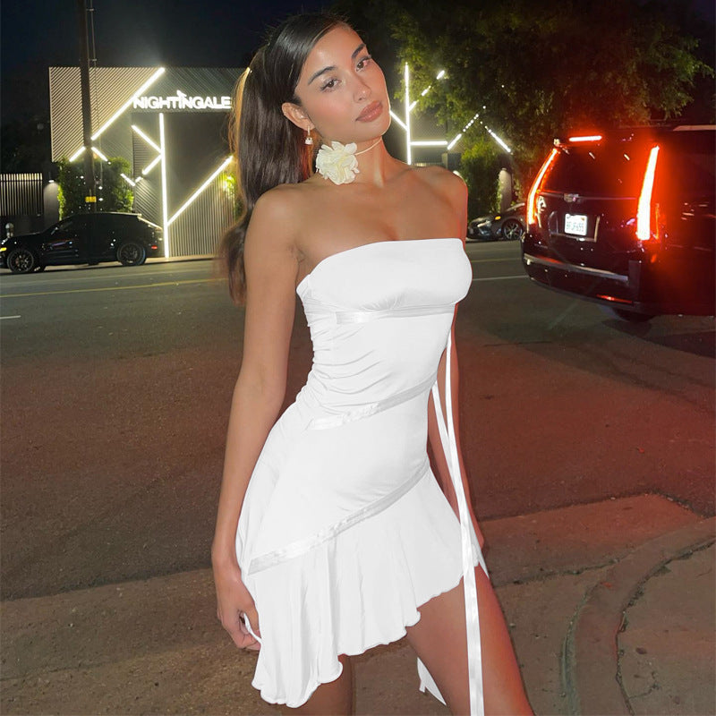 Ribbon Ruffled Strapless Dress Dress