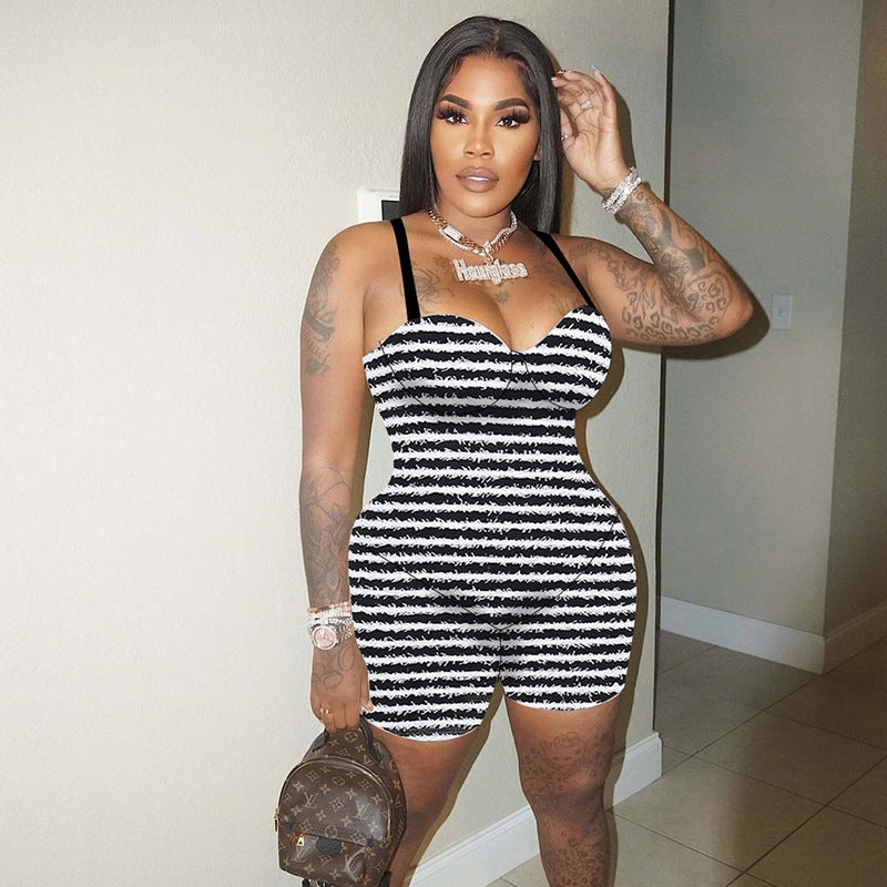 Design Trendy Casual Black White Striped Spaghetti Straps Jumpsuit