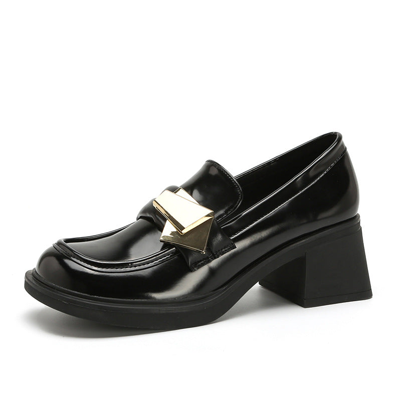 New Slouchy Black High-heeled Genuine Chunky Heels