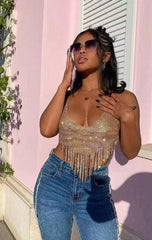 Full Rhinestone Hanky Hem Tassel Exposed Cropped Deep V Plunge Vest Camisole Cropped Outfit Top