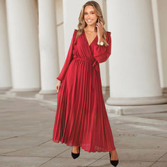 V neck Swing Pleated Dress Maxi Dress