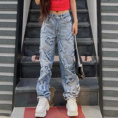 High Street Hip Hop Jeans Personalized Letter Graphic Patch Straight Loose Casual Trousers