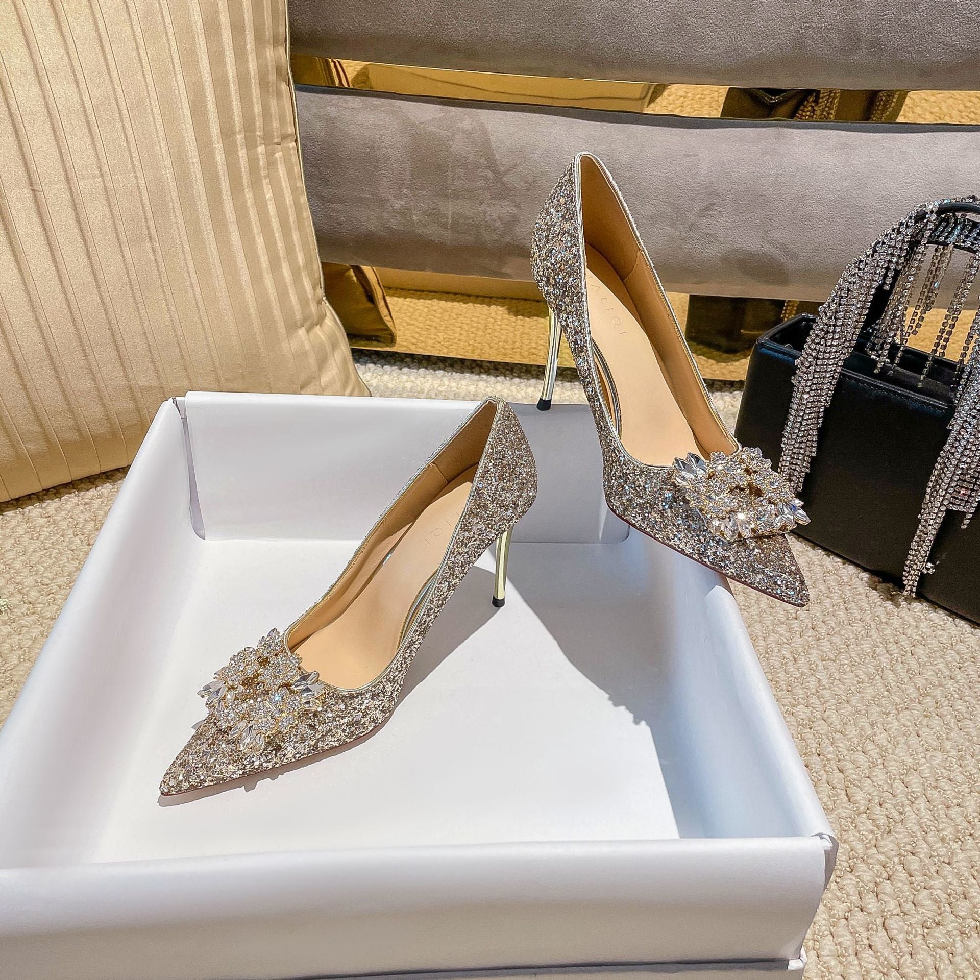 French Pointed Toe Stiletto Rhinestone Flower