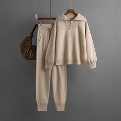 Ensemble pull et pantalon à col polo, ample et décontracté, en tricot, deux pièces