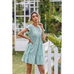 Robe courte et fraîche à manches en feuille de lotus et col rond