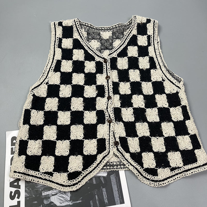 Early V neck Linen Surface Knitted Vest Million Can Chessboard Plaid Coat with Plaid ide Small Coat