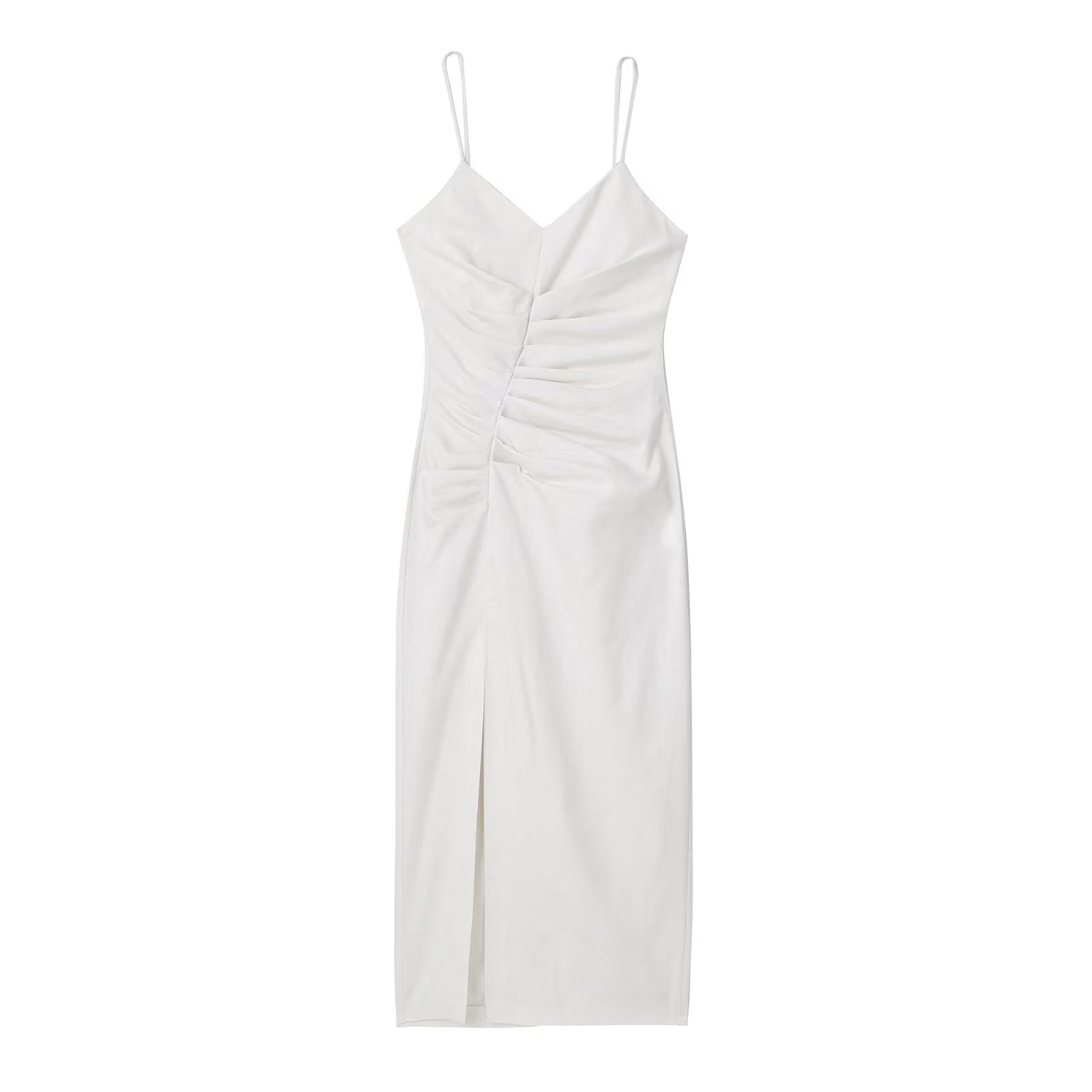 Early V neck Pleated Side Slit Strap Cotton Linen Dress