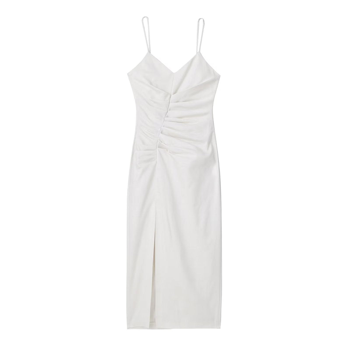 Early V neck Pleated Side Slit Strap Cotton Linen Dress