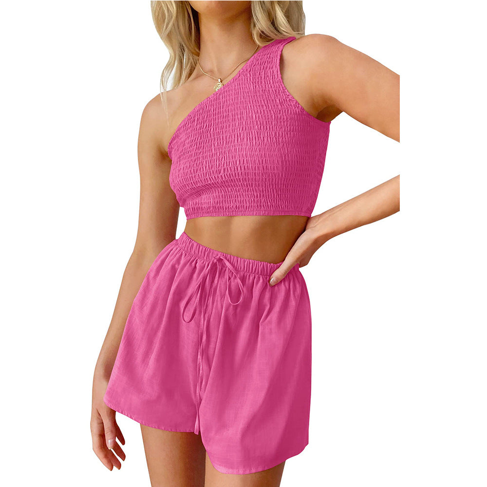 One Shoulder Pleated Cropped Top Shorts Beach Two Piece Suit